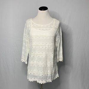 NWT Fat Face Off White 3/4 Sleeve Crochet and Lace Button Back 2 in 1 Top